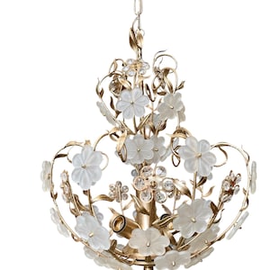 Vintage 5 Light Gold Brass Chandelier with Glass and Crystal Flowers
