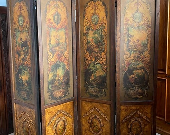 Ancient folding wooden screen painted with bucolic scenes