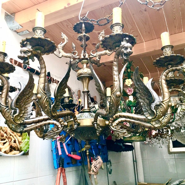 Araña Imperio con dragones alados y cariátides en bronce completo 10 luces peso 25 kg