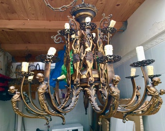 Antique bronze chandelier figures of semi-naked women and caryatids 15 lights 17 kg