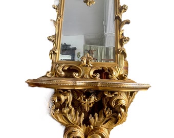 Spectaculaire Console Baroque Italienne En Bois & Marbre 20ème Siècle