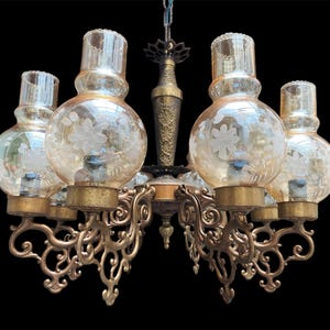 Baroque 8 Light Bronze Chandelier – Blown Glass with Floral Engravings –