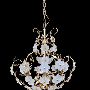 Vintage 5 Light Gold Brass Chandelier with Glass and Crystal Flowers