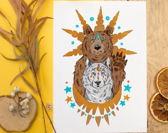 Bear and Wolf Astrological Art Print