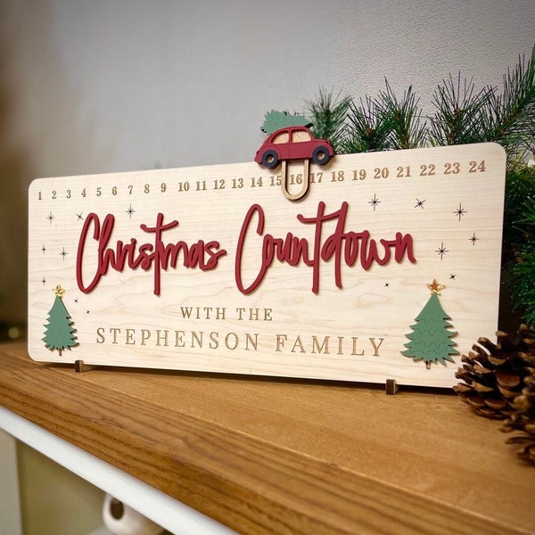 Christmas Countdown Wooden Plaque - Red Car or Santa Sleigh | Personalised Advent Festive Kids Children Xmas Decor