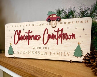 Christmas Countdown Wooden Plaque - Red Car or Santa Sleigh | Personalised Advent Festive Kids Children Xmas Decor