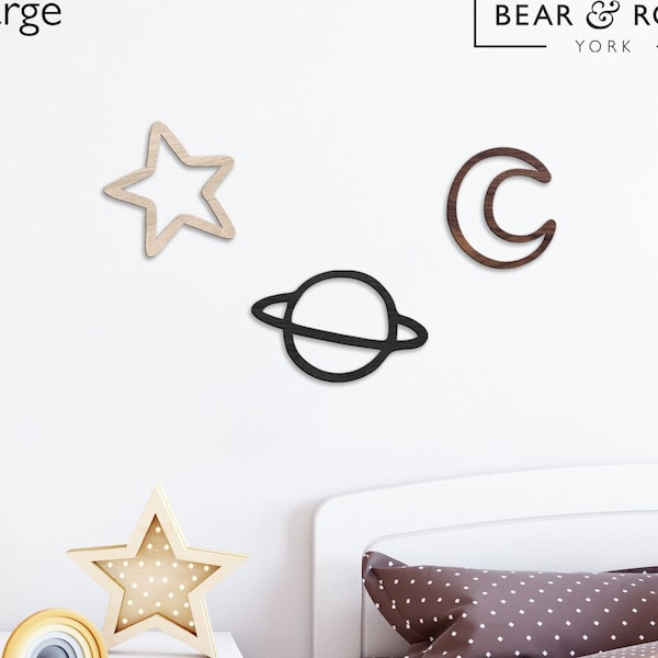 Space Set - Moon, Star, Planet - Wooden or Painted Wood - Set of 3 - Nursery Bedroom Wall Decor Shelf Decoration Art Astronomy