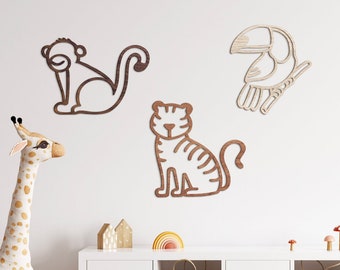 Jungle Trio Safari Wall Nursery - Wooden Decor | Home | Baby | Kids | Animals | Children Room | Scandi Artwork