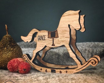 Rocking Horse - Personalised Oak Christmas Eve Placename Decoration Nursery Xmas Wood Magic Children Festive Gift