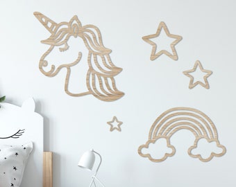 Unicorn, Rainbow & Stars Set - Outline Wall Decor Home - Nursery / Kids / Children Room Nature Wood