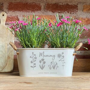 Op de afbeelding: Witte metalen plantenbak met een bloemenmotief en de tekst "Mummy Love from Joshua". De plantenbak is gevuld met roze anjers.