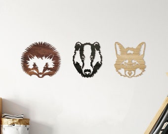 Woodland Set of 3 - Hedgehog, Fox, Badger - Wooden Wall Art - Home Nursery Childrens Room Bedroom Playroom Forest Woodland Decor Scandi