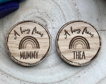 Start School Gift Hug Personalised Pair of Tokens -  Mummy Child Worry Brave Anxiety Gift - First Day - Wooden Oak Lockdown Family Love