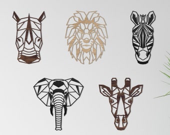 Safari Wall Decor BIG 5 Houten Geometrische Set - Home Nursery - Olifant - Leeuw - Giraffe - Zebra - Rhino - Dierenrijk - Afrika