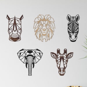 Safari Wall Decor BIG 5 Wooden Geometric Set - Home Nursery - Elephant - Lion - Giraffe - Zebra - Rhino - Animal Kingdom - Africa