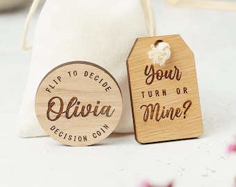 Personalised Wooden Decision Coin: Fun Couple Gift, Your Turn or Mine