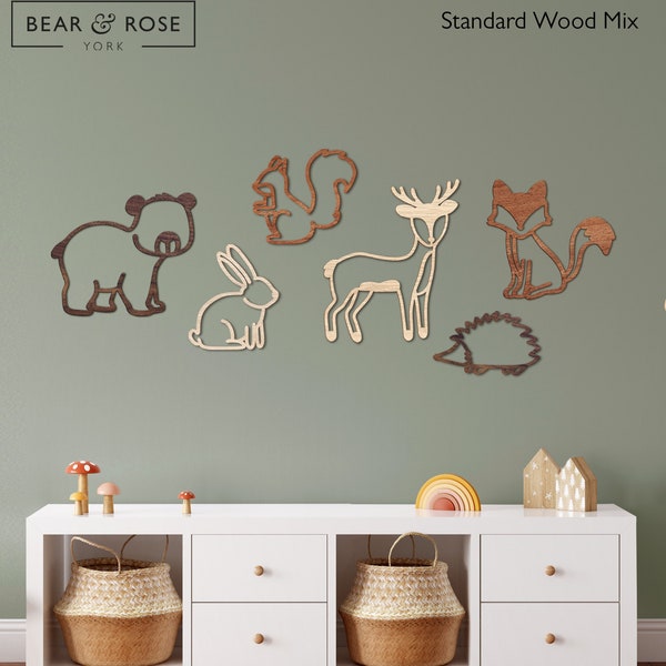 Woodland Set of 6 Animals - Fox, Bear, Deer, Hedgehog, Squirrel, Rabbit | Wooden Nursery Wall Decor | Forest Animals | Scandi Baby Play Room