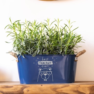 Jardinière personnalisée pour professeur : cache-pot en métal gravé avec poignées en corde - modèle 2