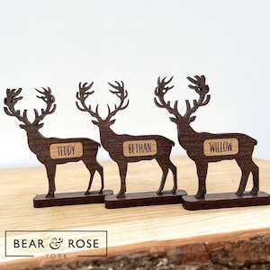 Christmas Personalised Stag Reindeer decorations Place Names Walnut