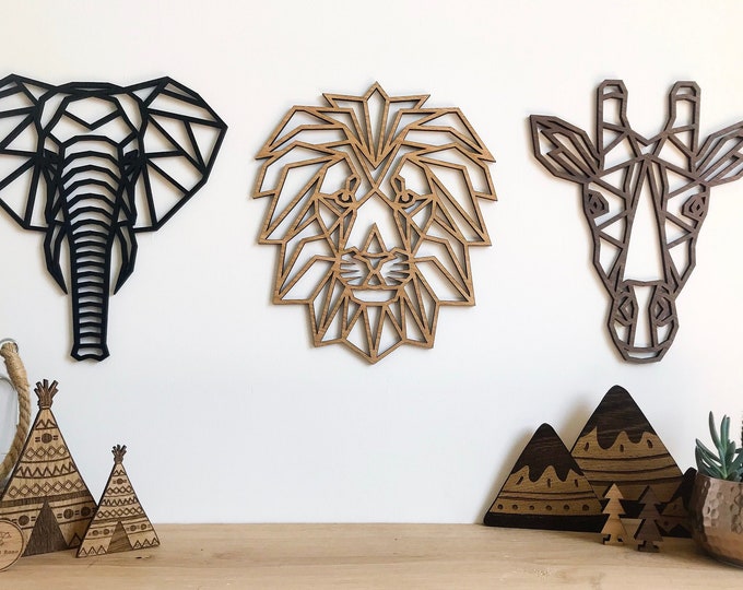 Safari Wall Decor Art Wooden Geometric Set - Home Nursery - Elephant - Lion - Giraffe - Animal Kingdom - Africa - Prints