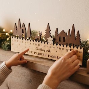 Personalised Christmas Countdown Scandi Woodland Wooden Plaque - Star Counter |  Advent Festive Xmas Decor