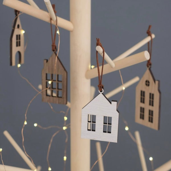 Christmas Scandi House Hanging Decoration Set of 5 - Wooden / Scandinavian / Hygge / Village / Baubles