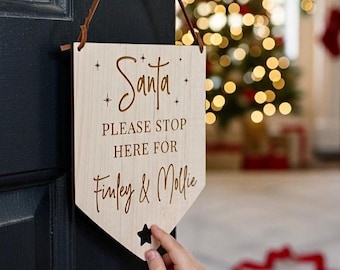 Personalised Christmas Hanging Penant Banner - 'Santa Please Stop Here' - Wooden Decoration - Father Christmas Kids Xmas Decor