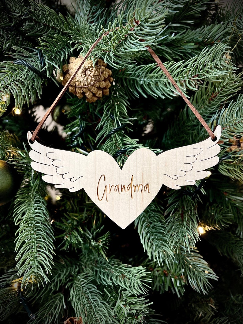 Christmas Personalised Angel Wings with Heart Bauble Memorial Tree Decoration Bereavement Family image 1