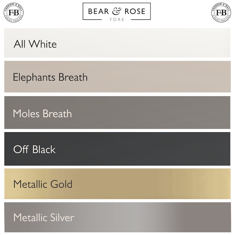 K&ouml;nnte beinhalten: Eine Farbpalette mit sechs Farbmustern. Die Farben sind All White, Elephants Breath, Moles Breath, Off Black, Metallic Gold und Metallic Silver. Das Logo von Bear & Rose York befindet sich oben.