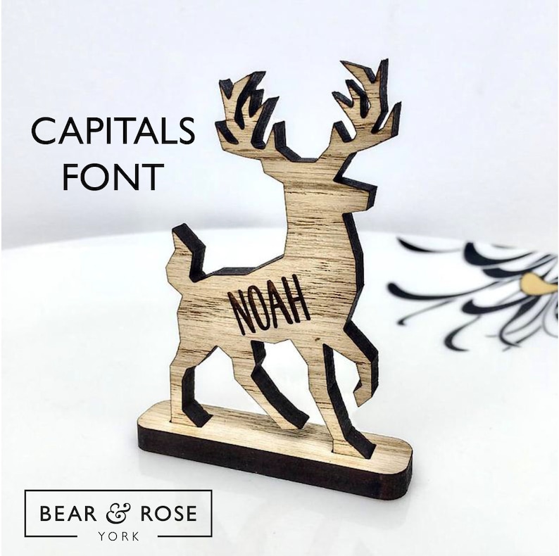 Christmas Personalised Reindeer decorations Stag Place Names Capitals Font
