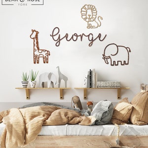 Personalised Wall Name & Safari Trio Wall Set (Earth font) - Nursery Decor