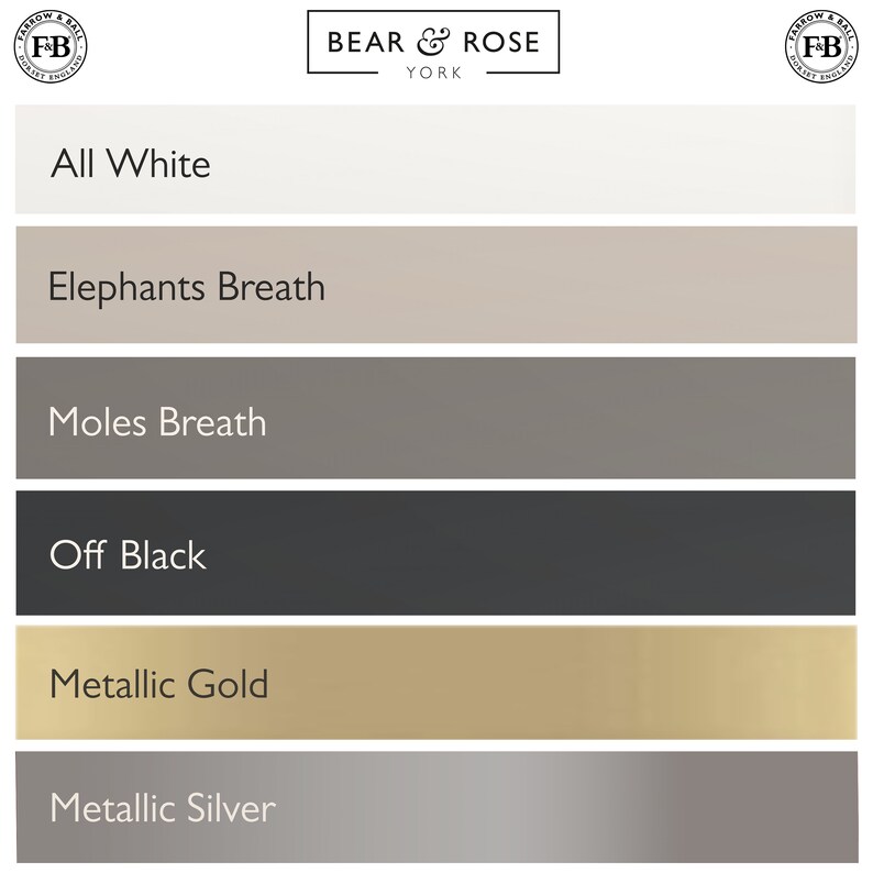 May include: Six paint color swatches with the names "All White", "Elephants Breath", "Moles Breath", "Off Black", "Metallic Gold", and "Metallic Silver". The swatches are arranged vertically from top to bottom. The text "BEAR & ROSE YORK" is at the top of the image.