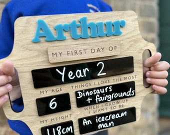 Personalised First and Last Day of School Photo Board - Reusable Oak Wood Memory Sign