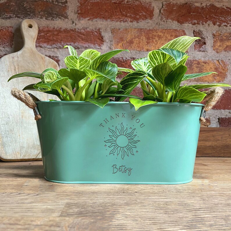 Personalised Planter Thank You Design 2 Teacher Friend Mum Dad Grandparent Present Idea Flowers Plant Sage Green