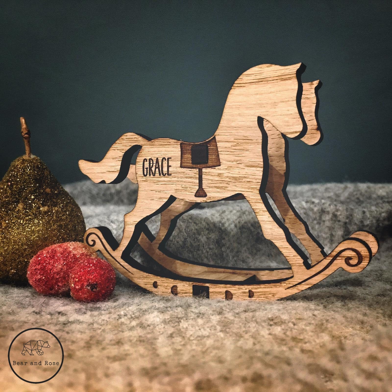 Cheval à Bascule - Chêne Personnalisé Réveillon de Noël Décoration Crèche Bois Magie Enfants Cadeau