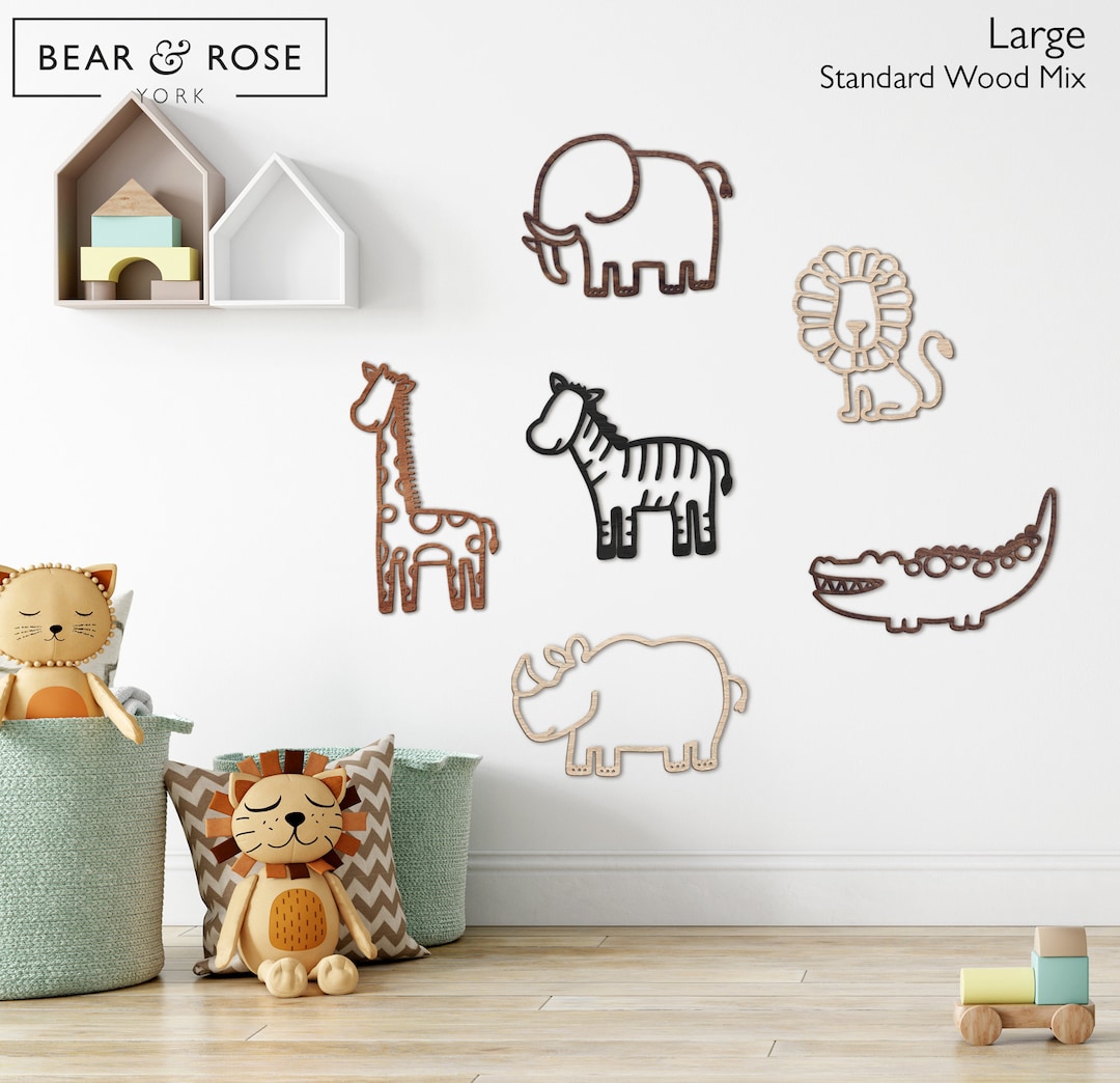 Safari Set of 6 Animals Lion, Giraffe, Elephant, Zebra, Rhino, Crocodile Wooden Nursery Wall