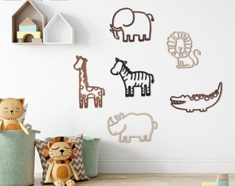 Safari Set of 6 Animals - Lion, Giraffe, Elephant, Zebra, Rhino, Crocodile | Wooden Nursery Wall Decor | Safari Animals | Scandi Baby Room