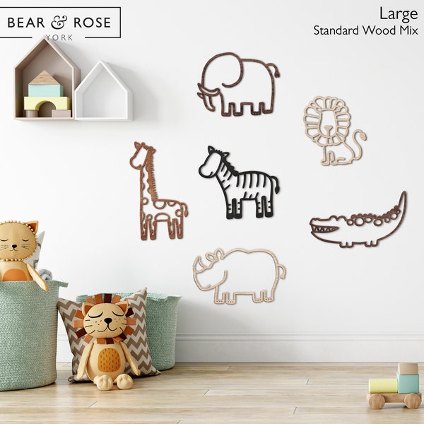 Safari Set aus 6 Tieren - Löwe, Giraffe, Elefant, Zebra, Nashorn, Krokodil | Kinderzimmer Wanddeko aus Holz | Safaritiere | Skandinavisches Babyzimmer