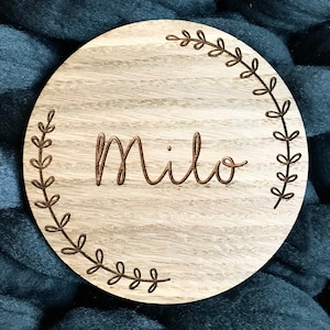 Personalised Name Wreath Wooden Disc Flat Lay, Nursery, Decoration, Kids, Baby Shower, Gift, Photo Prop image 1