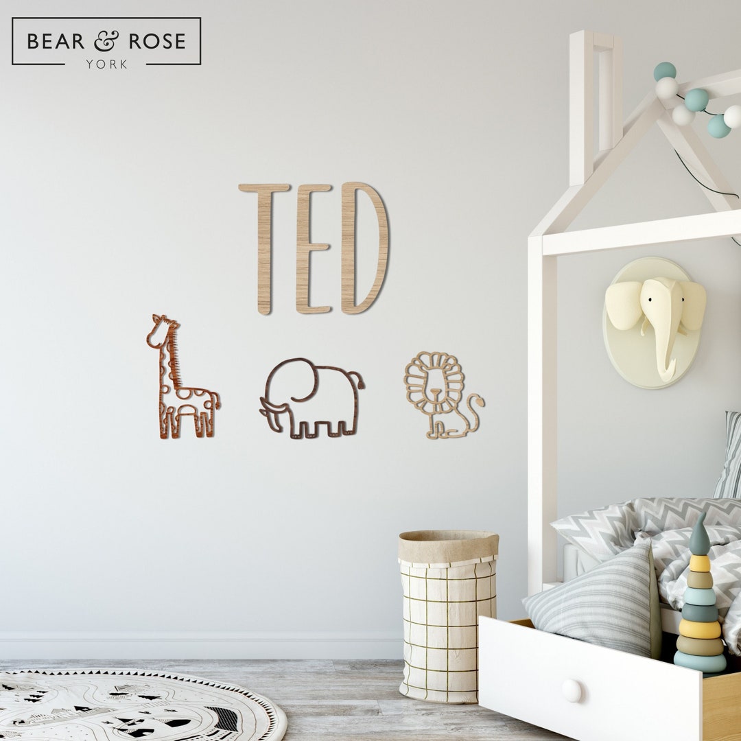 Personalised Name & Safari Trio Wall Decor Set comet Font Etsy