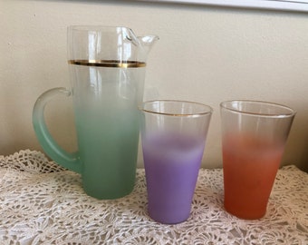Pichet Blendo en verre de Virginie-Occidentale avec 2 verres - Verres et pichet du milieu du siècle - Verres givrés et pichet