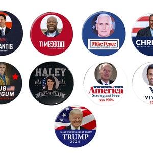 Puede incluir: Nueve botones redondos con imágenes de diferentes personas. Cada botón tiene texto, incluidos nombres y lemas. Los botones son de diferentes colores, incluidos rojo, azul, blanco y negro.