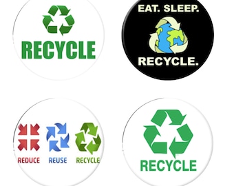 Botões de reciclagem - Alfinetes de reciclagem - Reduzir a reutilização, reciclagem - Conjunto de 4 botões, 2,25 polegadas