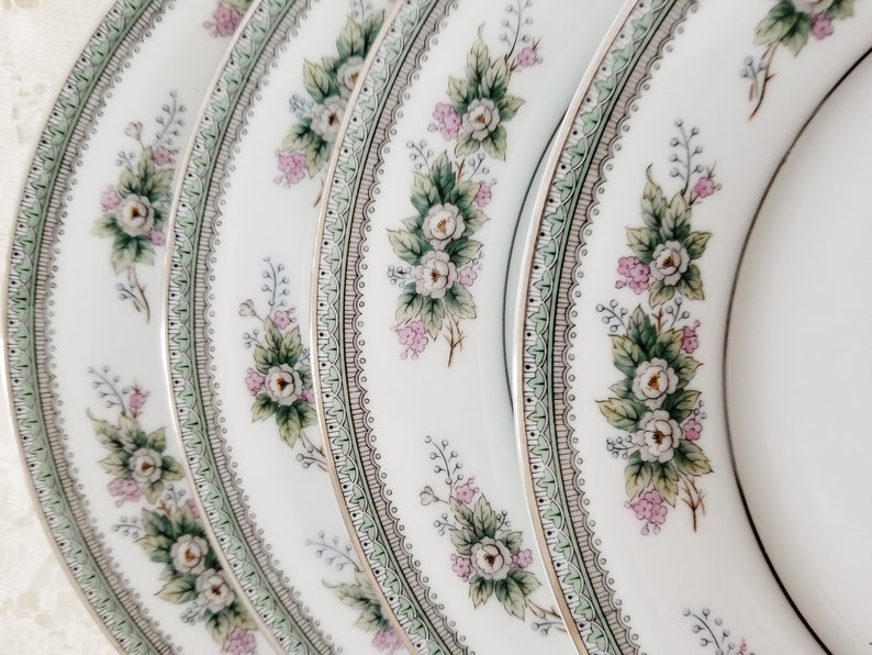 Vintage Noritake Plates,Bristol Pattern,Pink Roses,Vintage Dinner Plates,Set of 4 Wedding,Bridal Shower,Mismatch Dinnerware Set