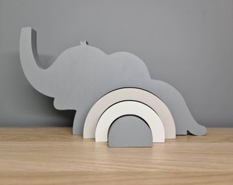 Elephant Rainbow Stacker, Hand painted, Grey Elephant, Gift Ideas, Room Decoration, Nursery, Baby, Boy, Girl, Unisex, Wooden