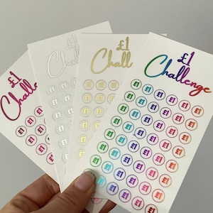 May include: Four white rectangular savings tracker cards with the text £1 Challenge printed in various metallic foil colours including pink, silver, gold, and a rainbow gradient. Each card features a grid of circular icons containing the £1 symbol.