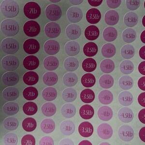 May include: A sheet of round stickers in shades of pink and purple. Each sticker has a weight measurement in pounds, ranging from -1.5lb to -4.5lb. The stickers are arranged in a grid pattern.