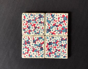 Red and Blue Flowers Tumbled Marble Stone Coaster Set of 4/Repurposed Wallpaper Coasters/Marble Coasters/Coaster Set/Housewarming GIft