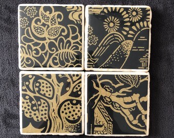 Black and Gold Basuto Tumbled Marble Stone Coaster Set of 4/Repurposed Wallpaper Coasters/Marble Coasters/Coaster Set/Housewarming Gift