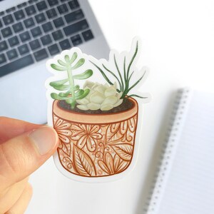 May include: A sticker featuring a hand-drawn illustration of a potted succulent plant. The pot is brown with a decorative floral pattern. The succulent is green and white.
